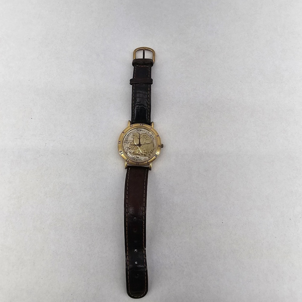 VTG Mens Waltham Watch American Eagle Half Dollar Gold Tone Leather Band